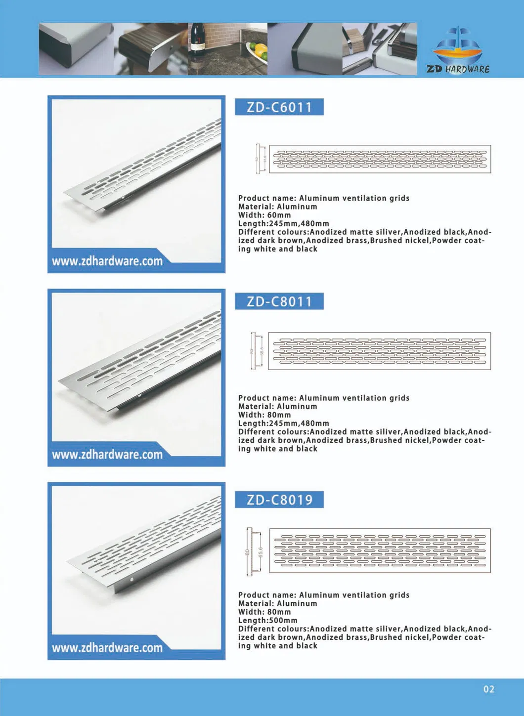Aluminum Ventilation Grills/ Air Ventilator/ Aluminum Air Holes Grilles Brush Nickel 80*480mm