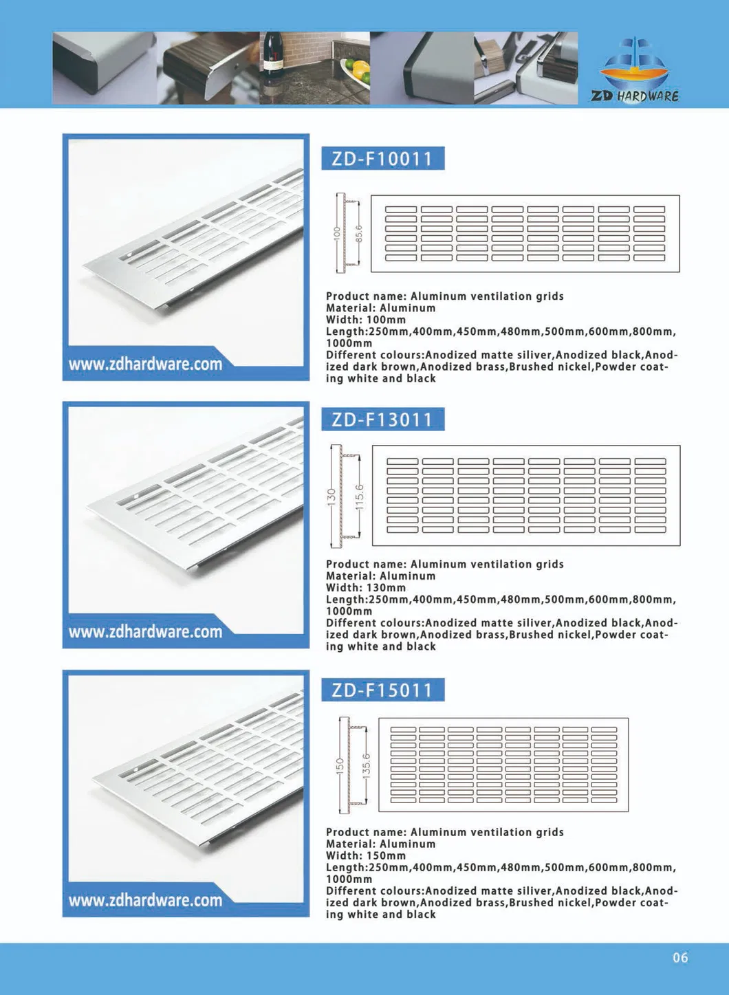 Aluminum Ventilation Grilles / Air Ventilator for Cabinet Grills Brush Nickel 100*500mm